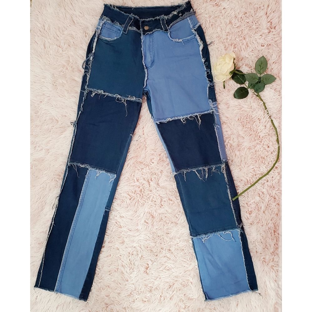 Y2K Deconstructed & Distressed Patchwork Stretch Straight Leg Jeans Womens Small